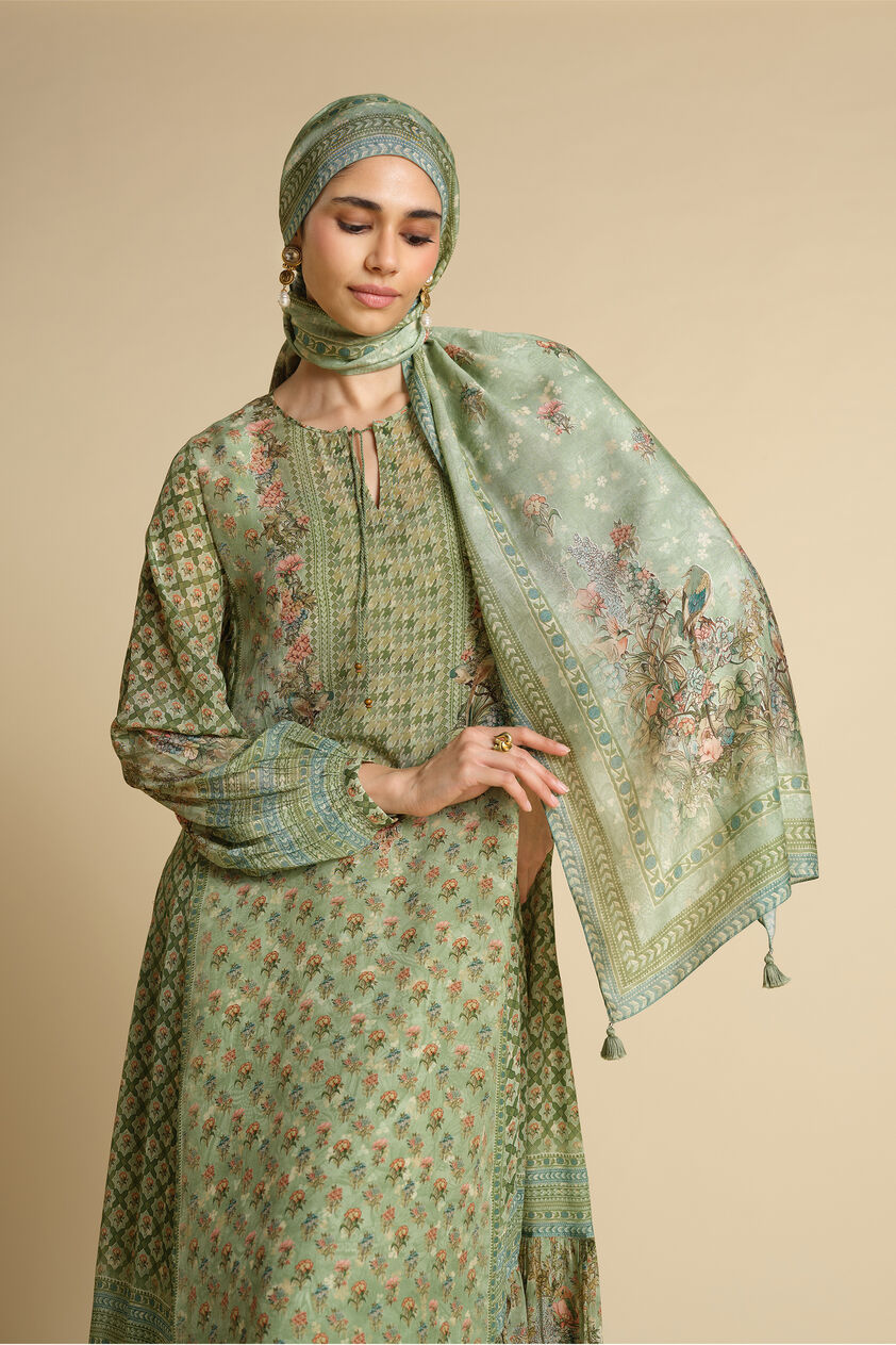 Rowan Printed Silk Stole - Sage, Sage, image 1